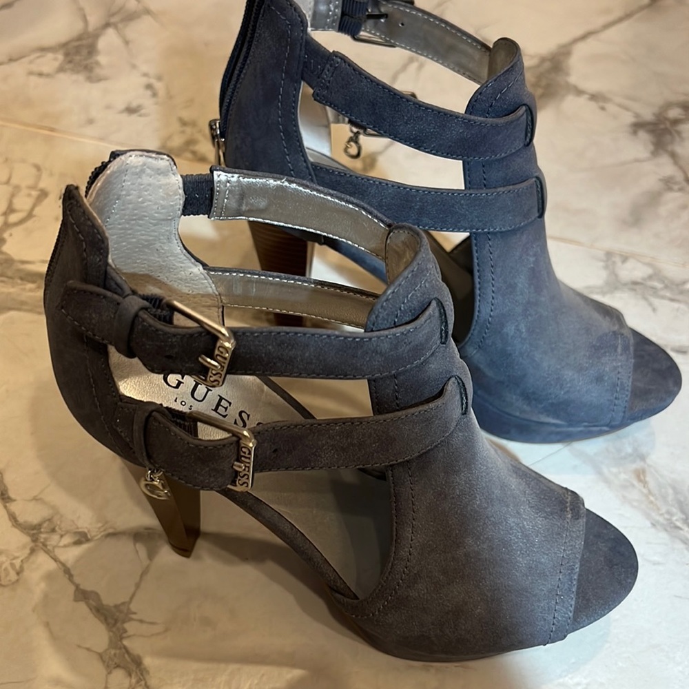 Bluish grey open toe heels